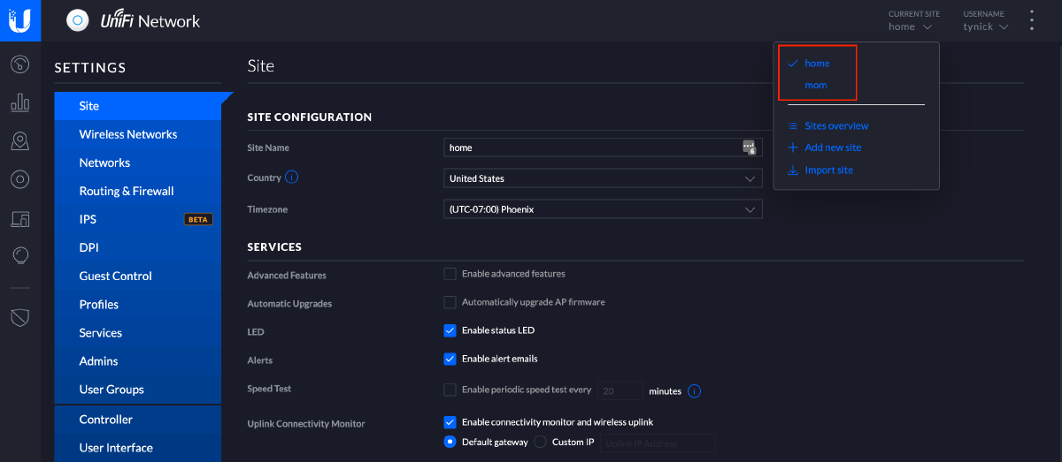 two sites in unifi controller