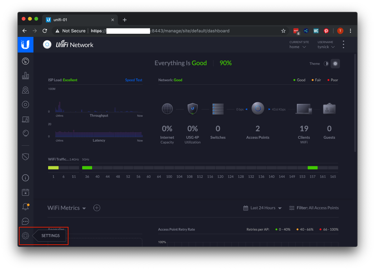 settings button in unifi controller
