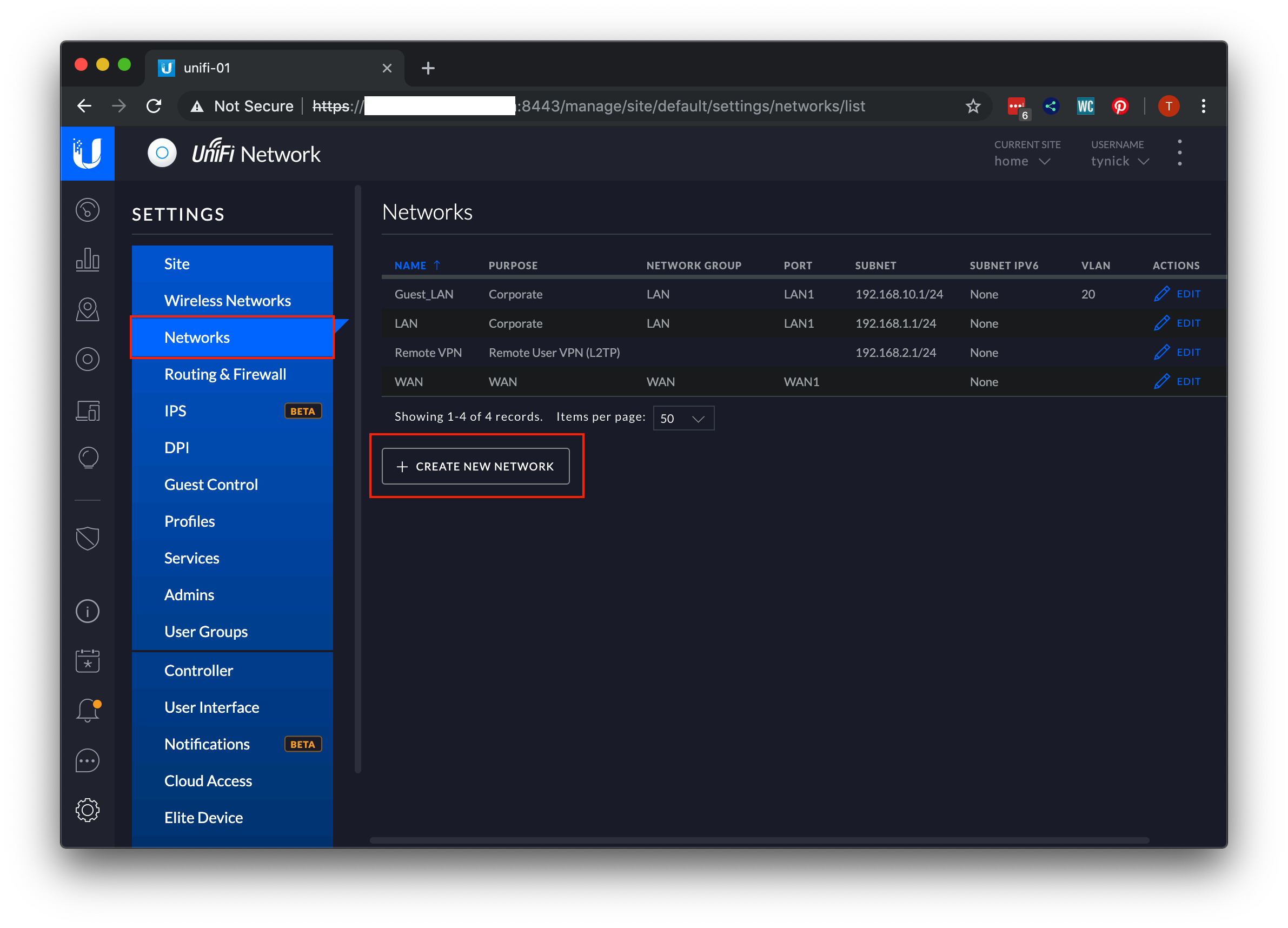 create new network button in unifi controller