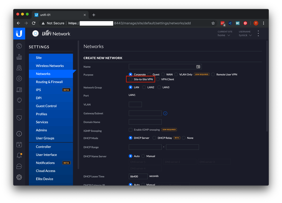 Site-to-Site VPN radio button in unifi controller