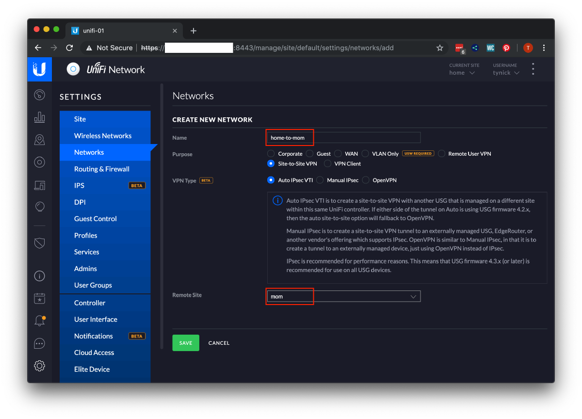 create new Site-to-Site network options in unifi controller