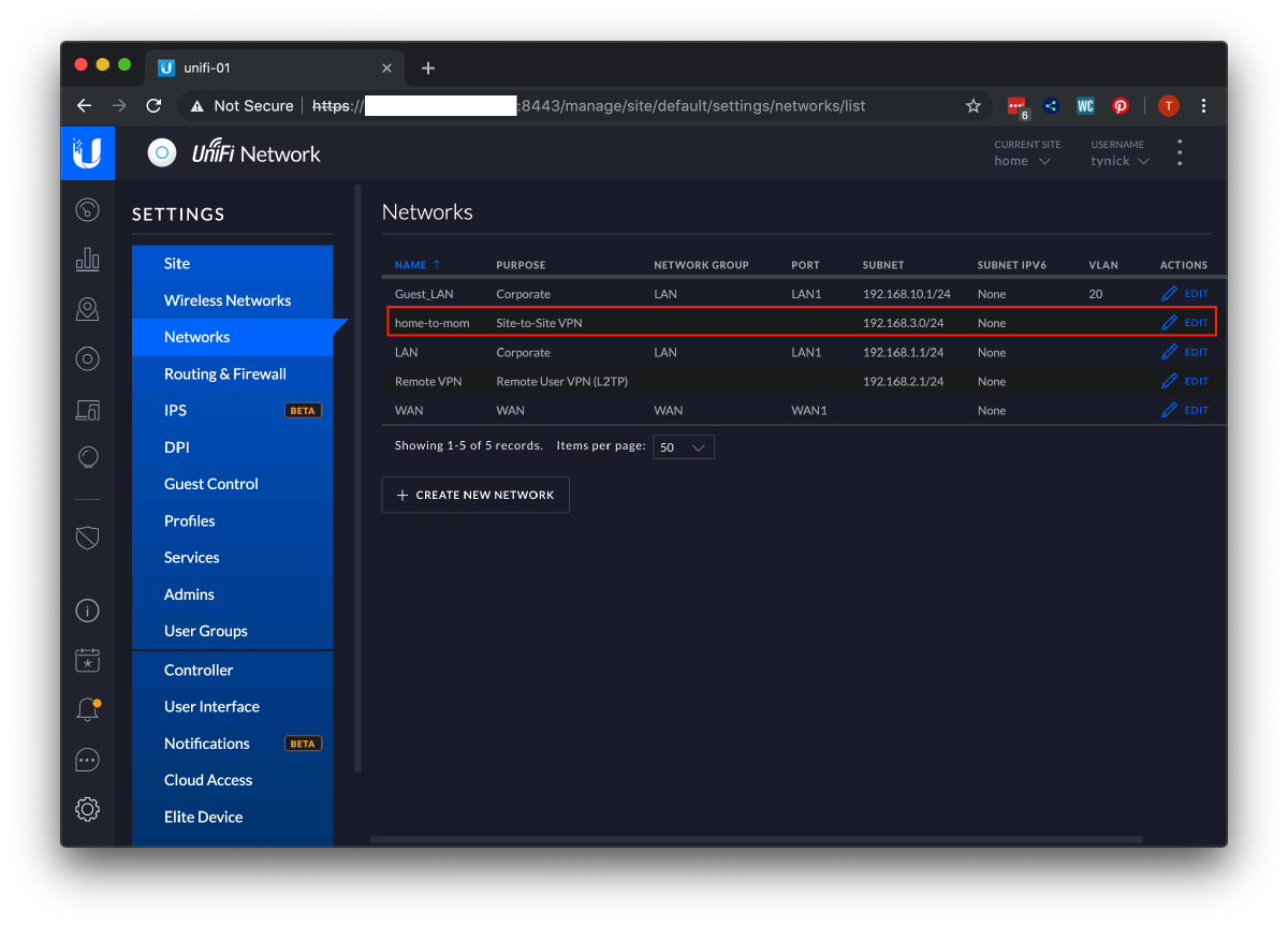 networks page in unifi controller