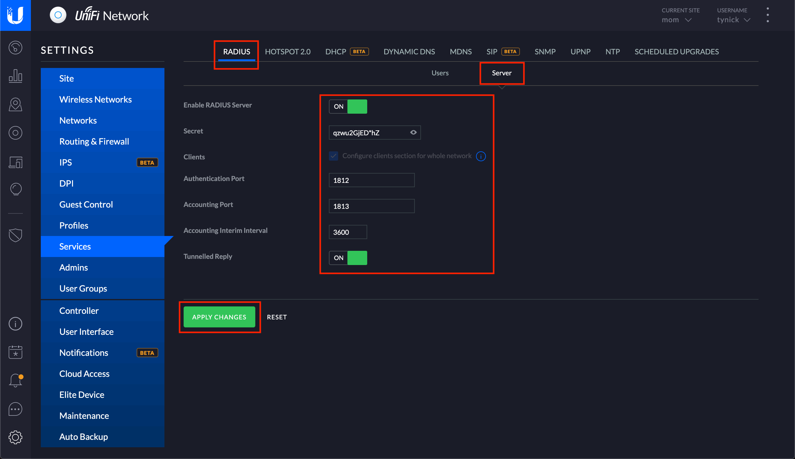 radius server screen