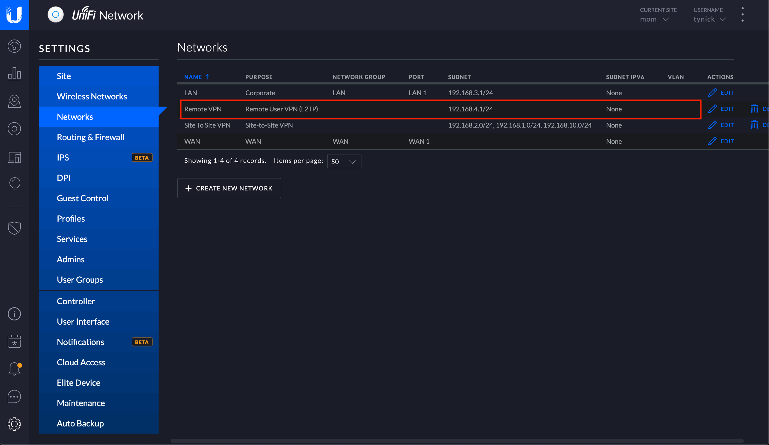 networks screen with new network