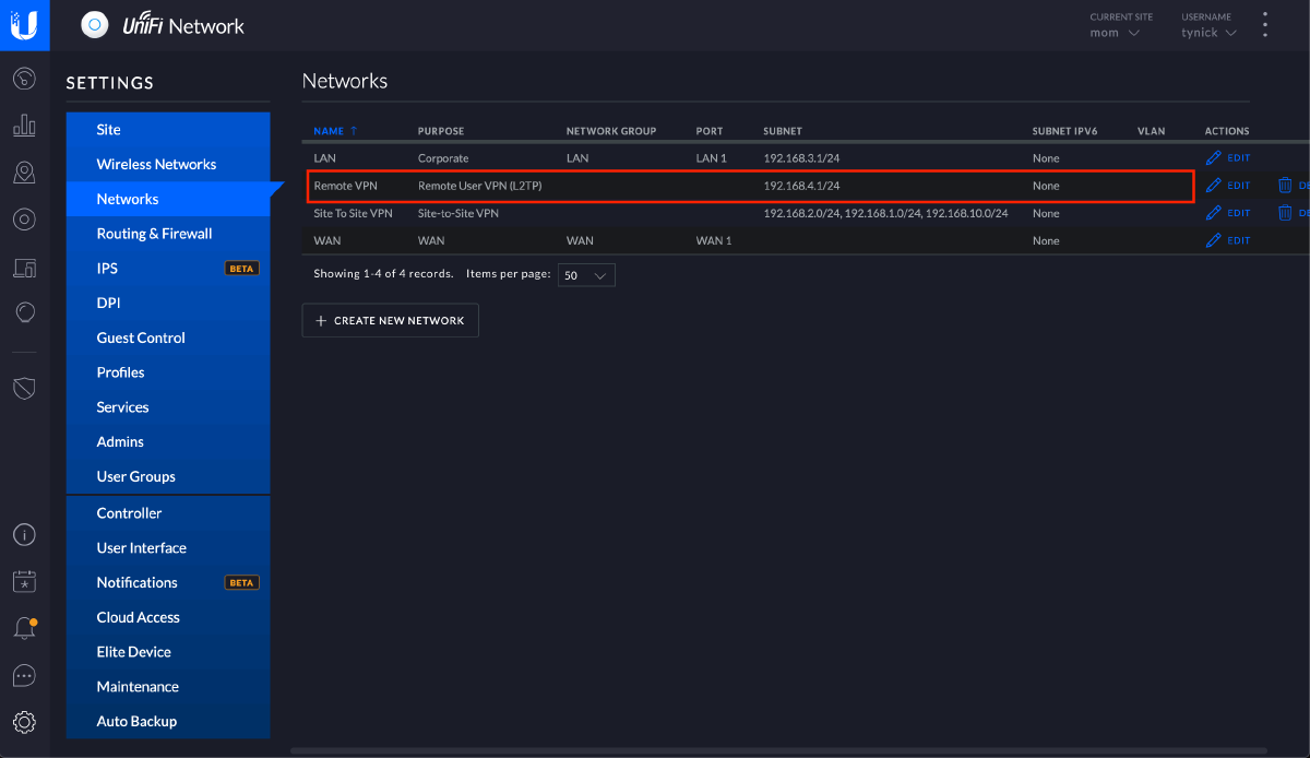 networks screen with new network