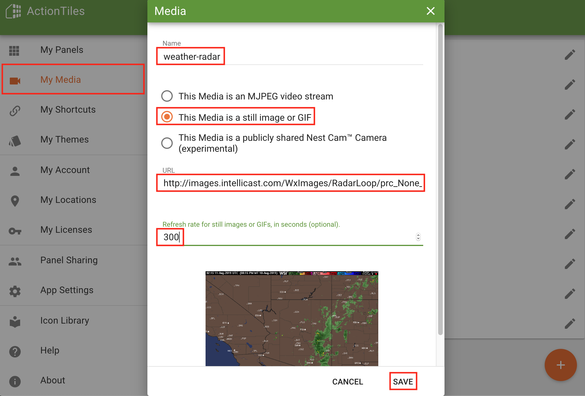 actiontiles add weather media