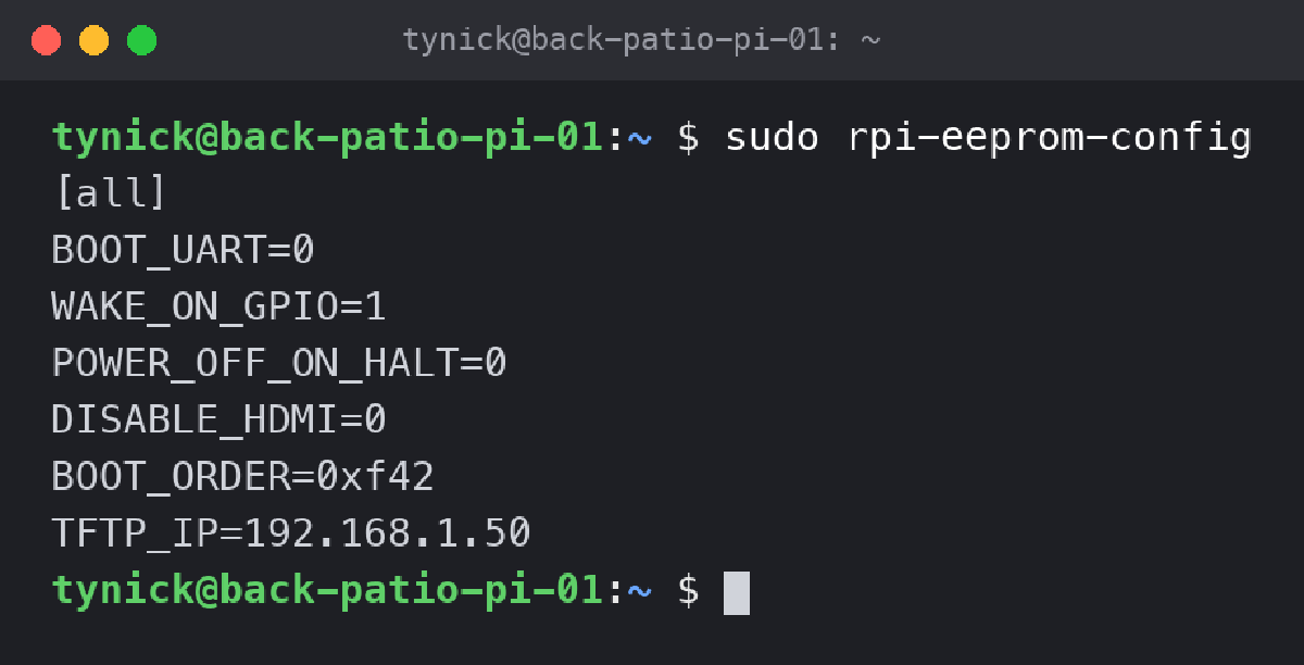 rpi-eeprom-config output showing BOOT_ORDER 0xf42 and TFTP_IP