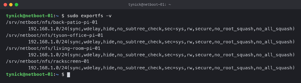 exportfs -v output showing four Raspberry Pi root folders shared over NFS