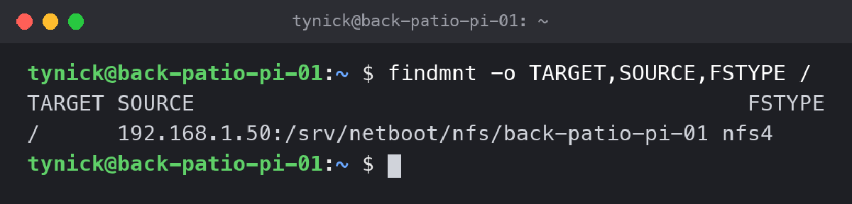 findmnt output showing the Raspberry Pi root filesystem mounted over NFS