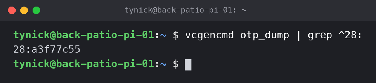 vcgencmd otp_dump output showing the Raspberry Pi 4 serial number