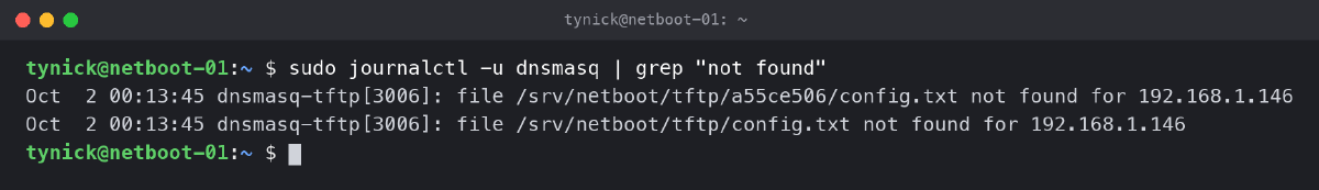 dnsmasq log showing a Raspberry Pi 5 asking for files in its serial number folder