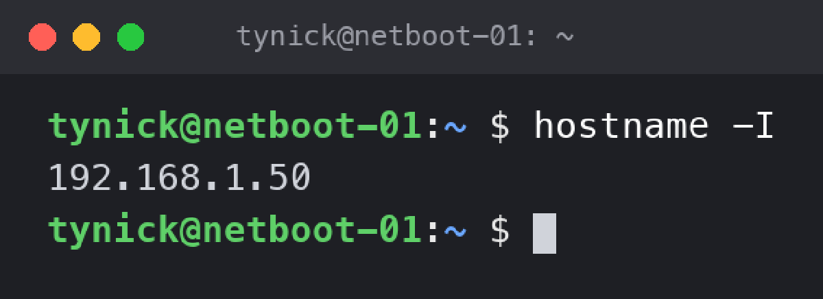 hostname -I output showing the server IP address