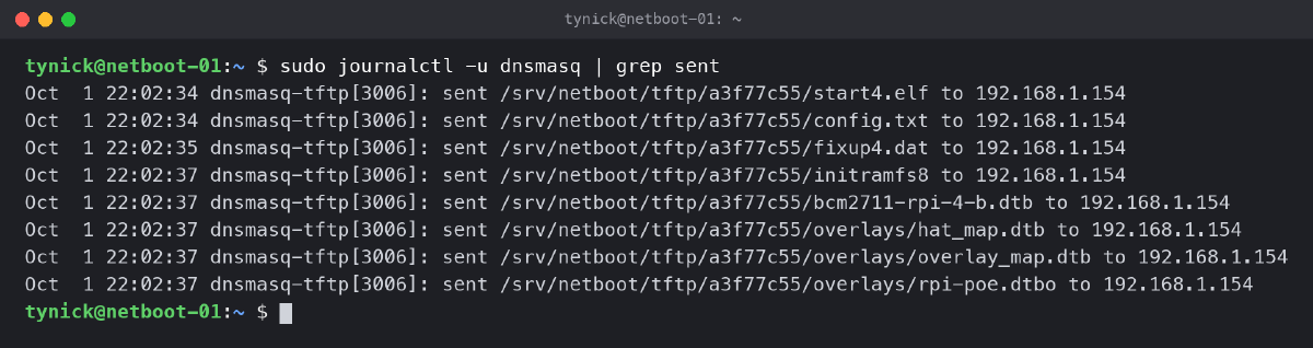 dnsmasq log showing initramfs8 being sent to the Pi during a failed network boot