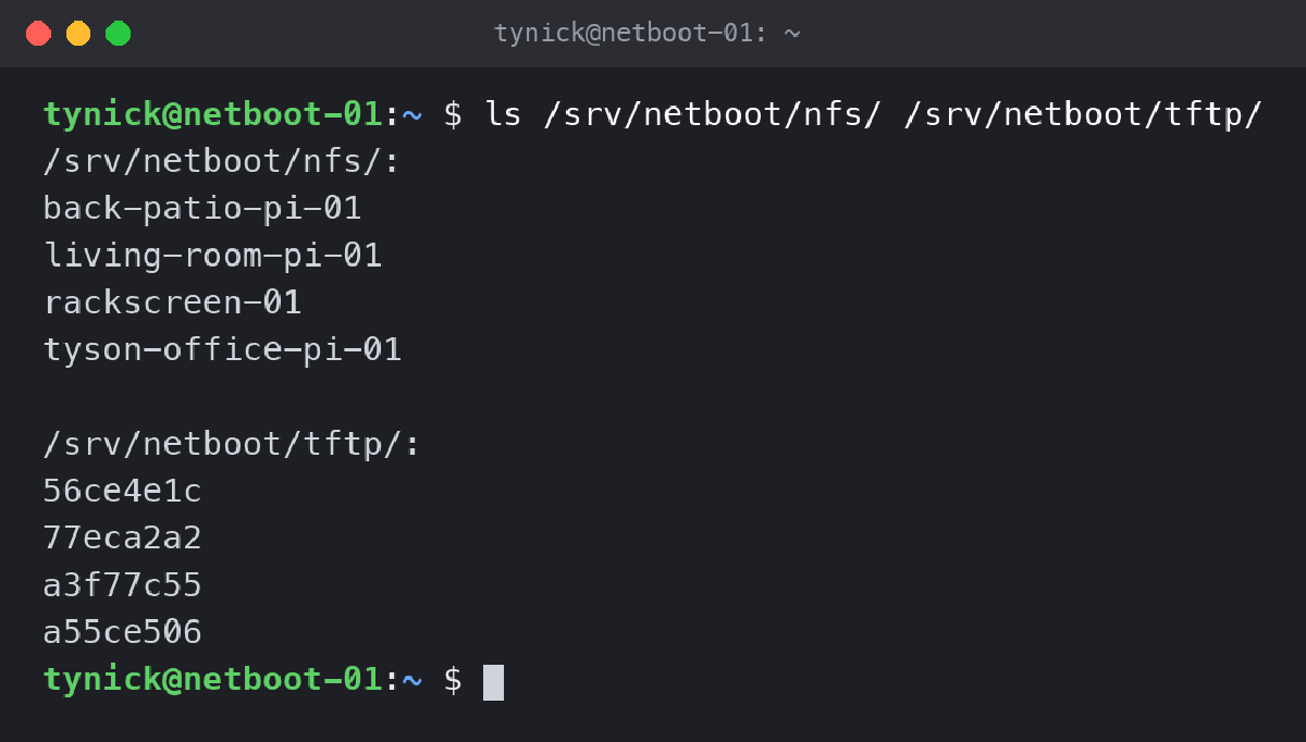 Listing of the NFS root folders and TFTP serial number folders on the netboot server