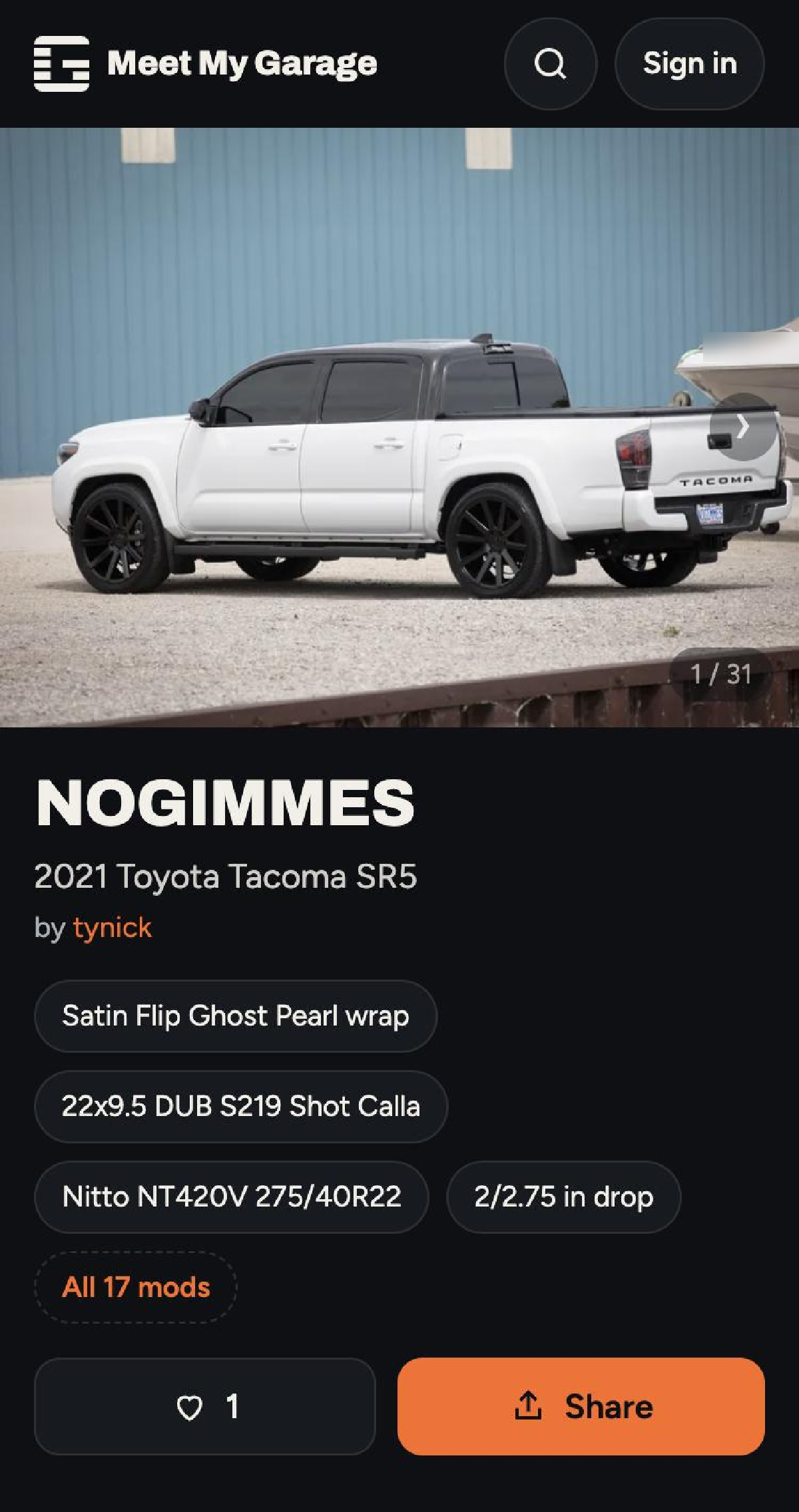 The same car page on a phone with the photo on top and the mods stacked below it