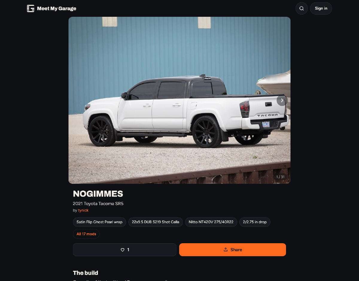 The NOGIMMES car page on Meet My Garage showing a white 2021 Toyota Tacoma SR5 with its top mods listed under the photo