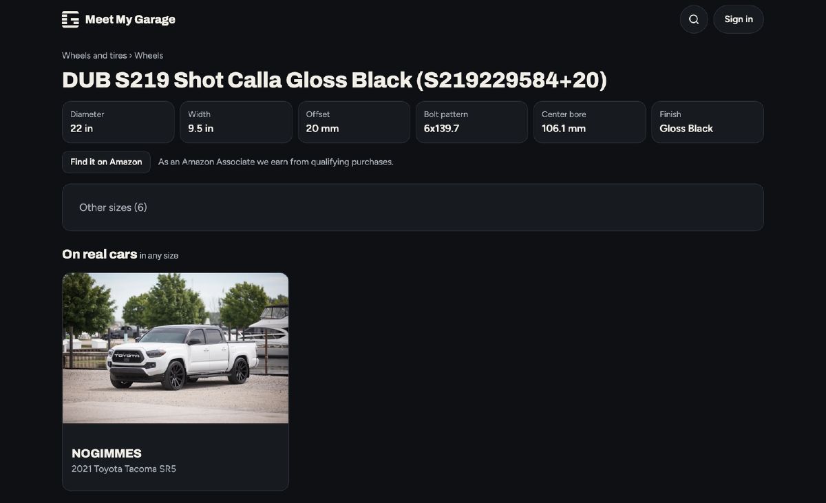 A part page for the DUB S219 Shot Calla wheel showing its size, offset and bolt pattern, with a list of real cars running it below