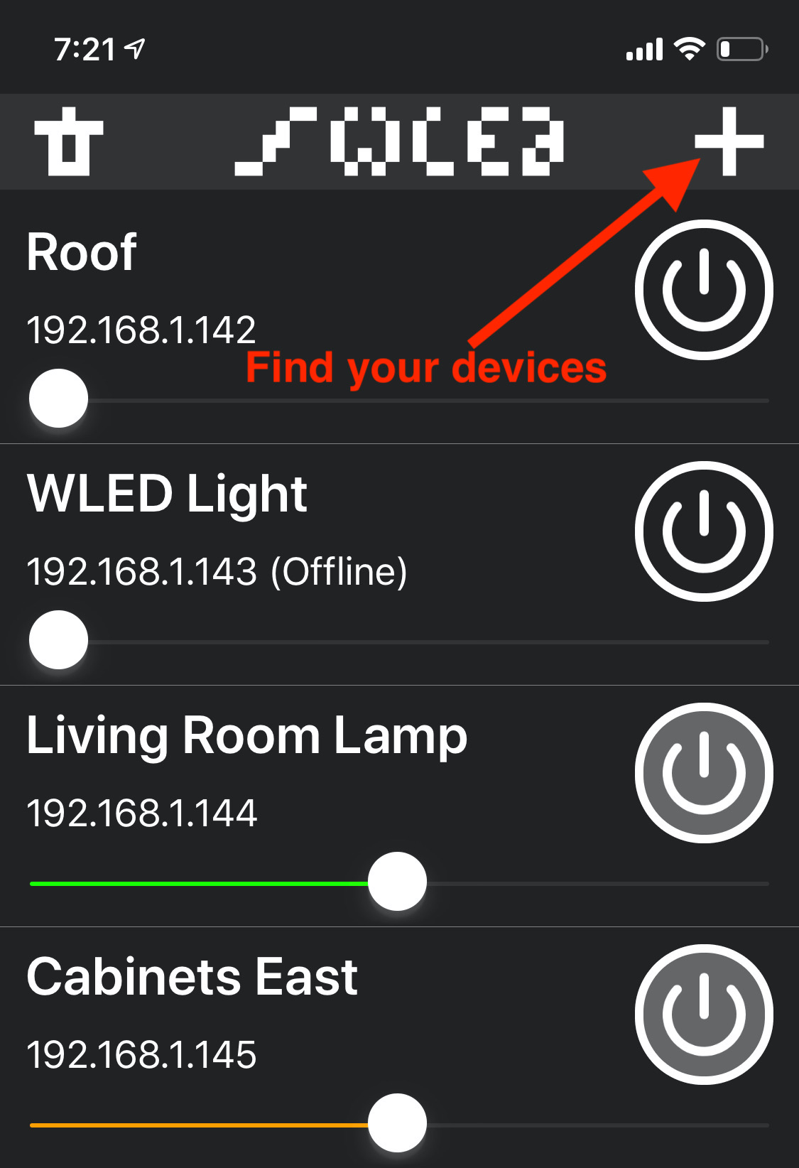 WLED app showing devices