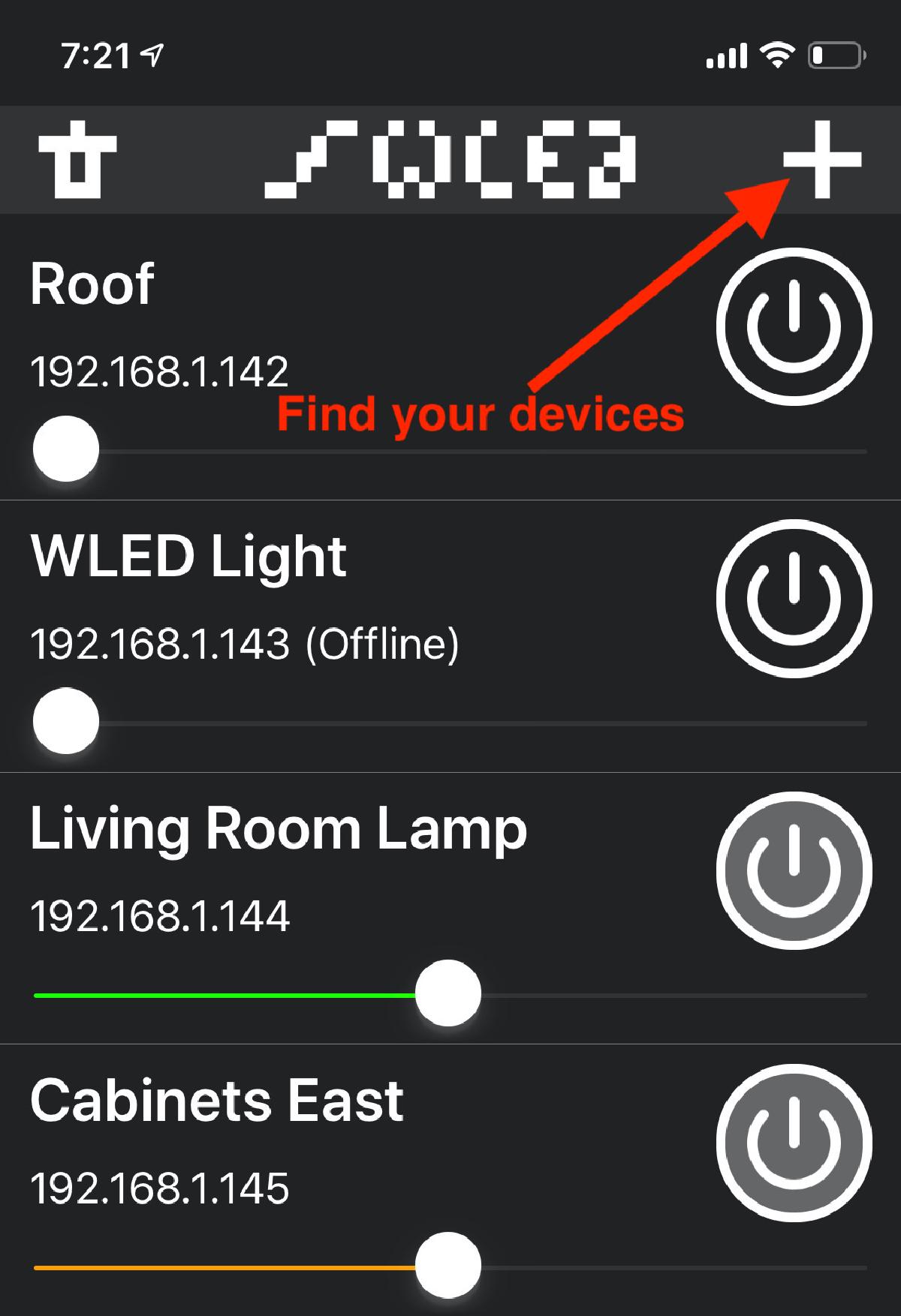 WLED app showing devices