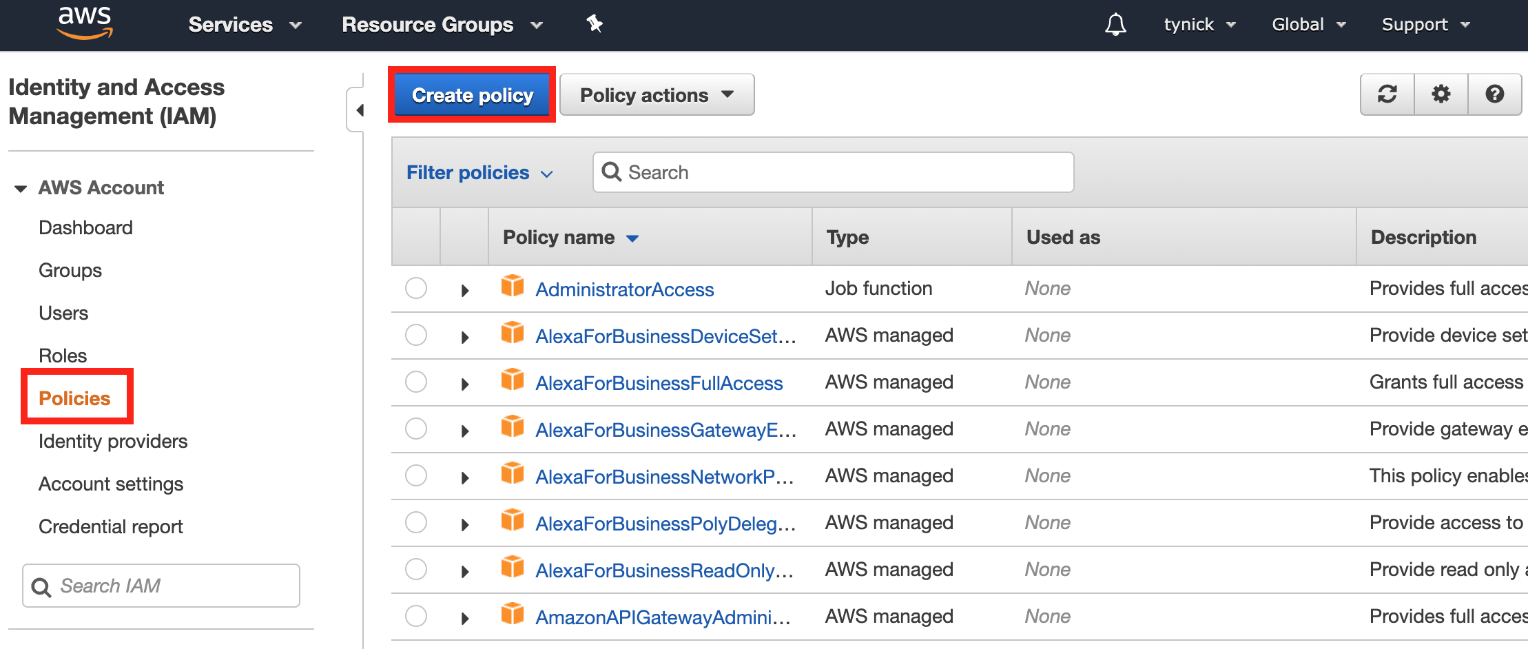 aws iam console policies