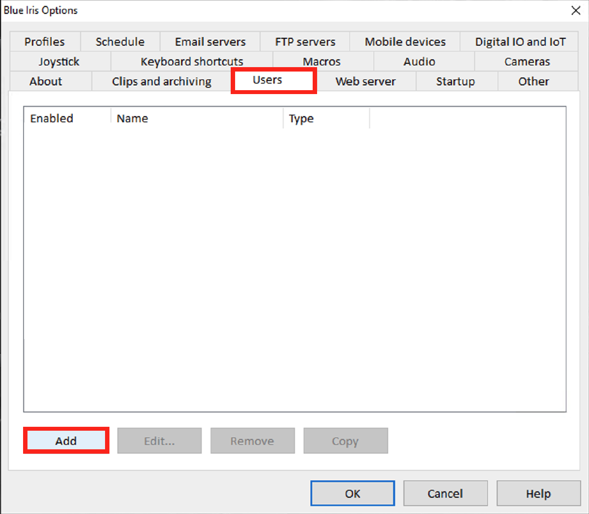 blue iris options users tab
