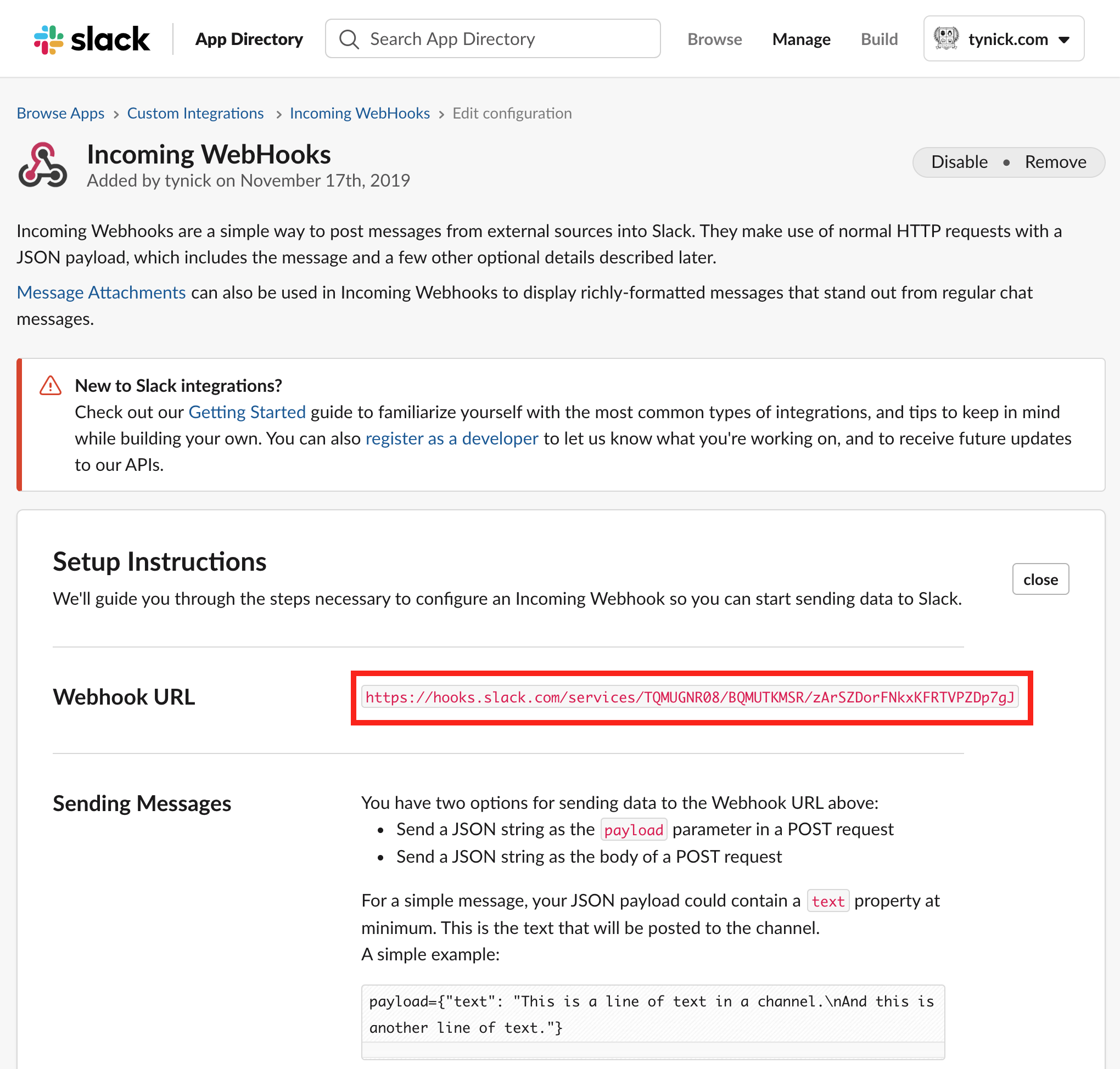 slack webhook url