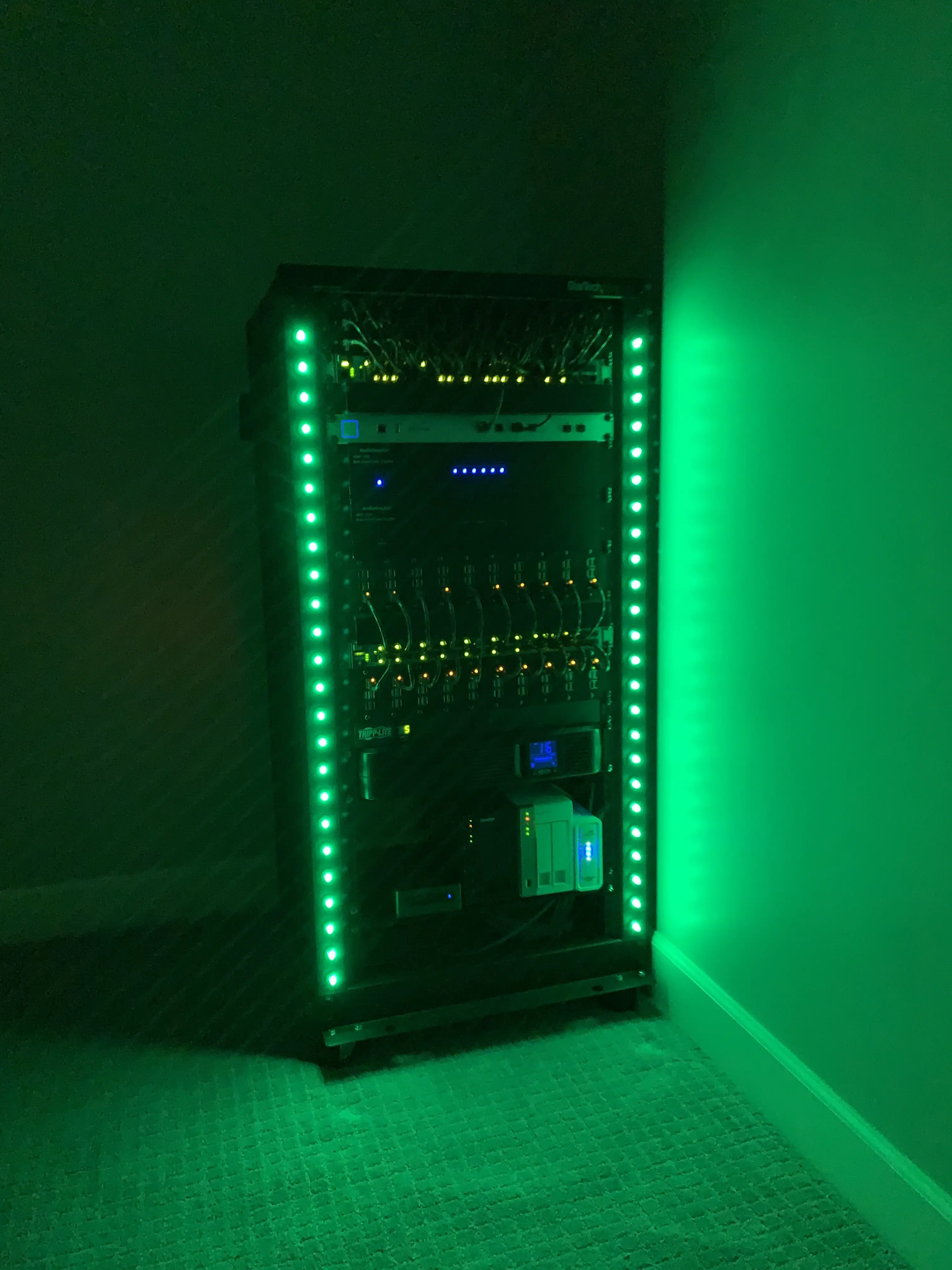 Server rack with green LEDs