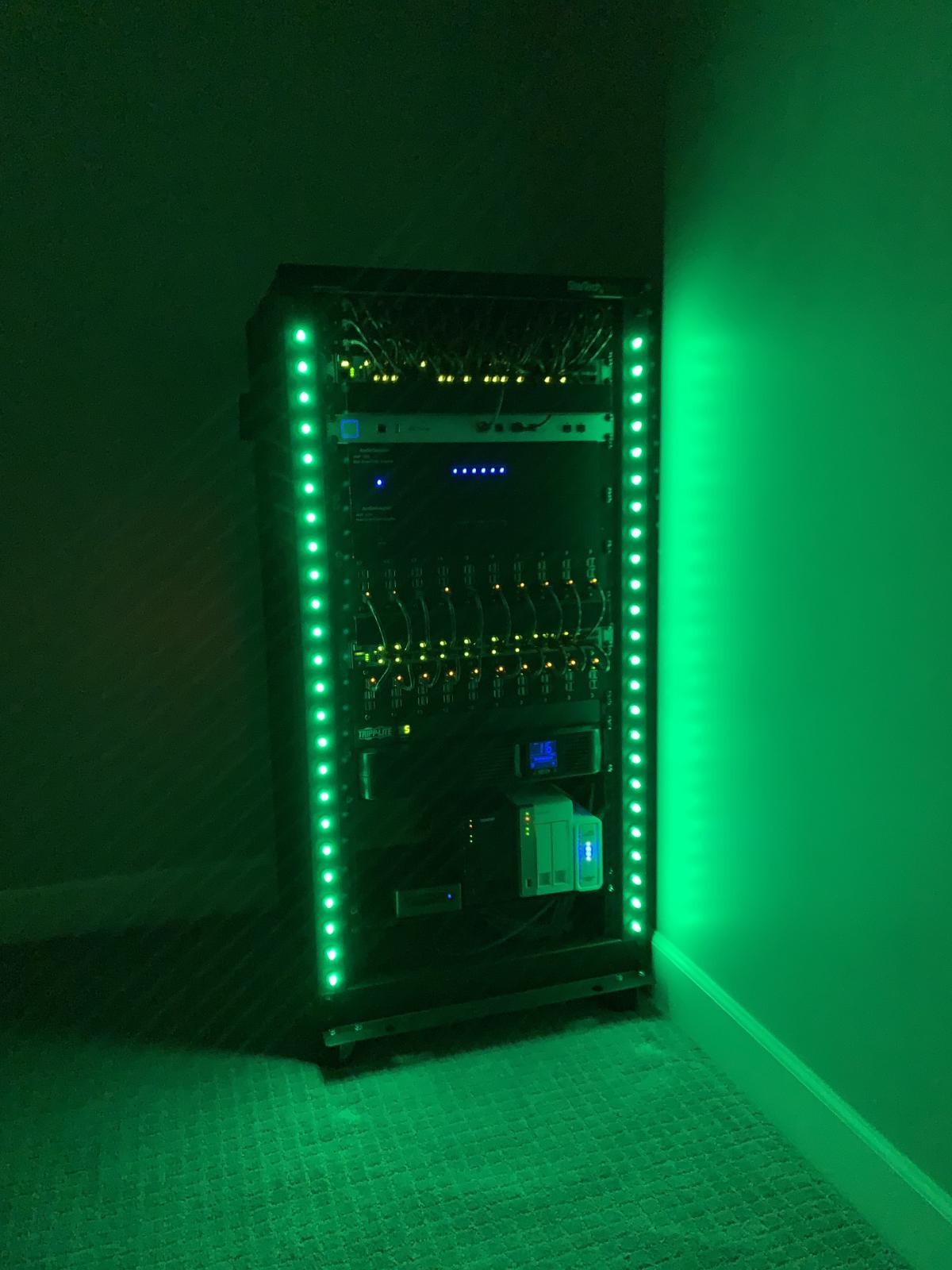 Server rack with green LEDs