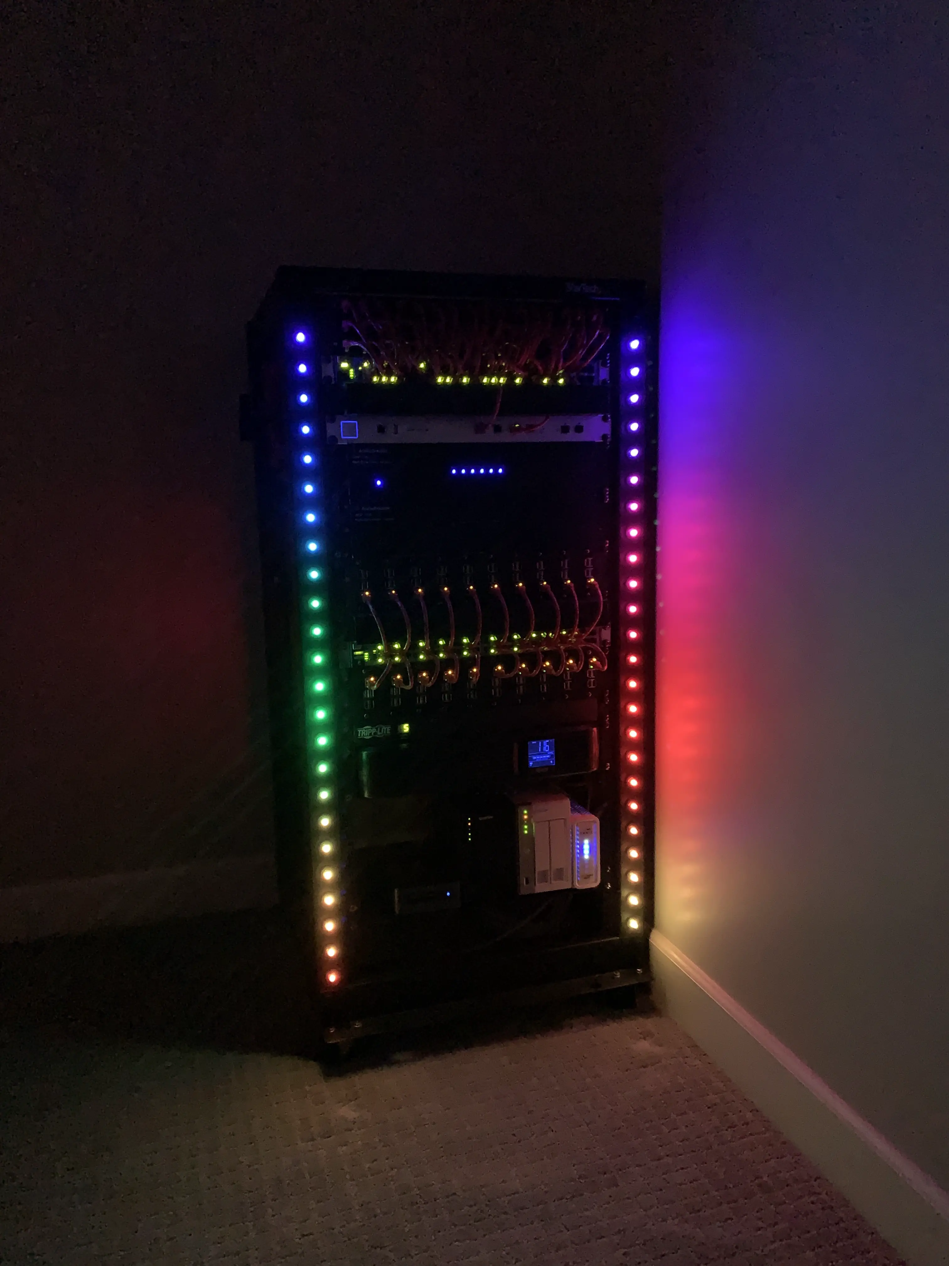 Server rack with multi-colored LEDs