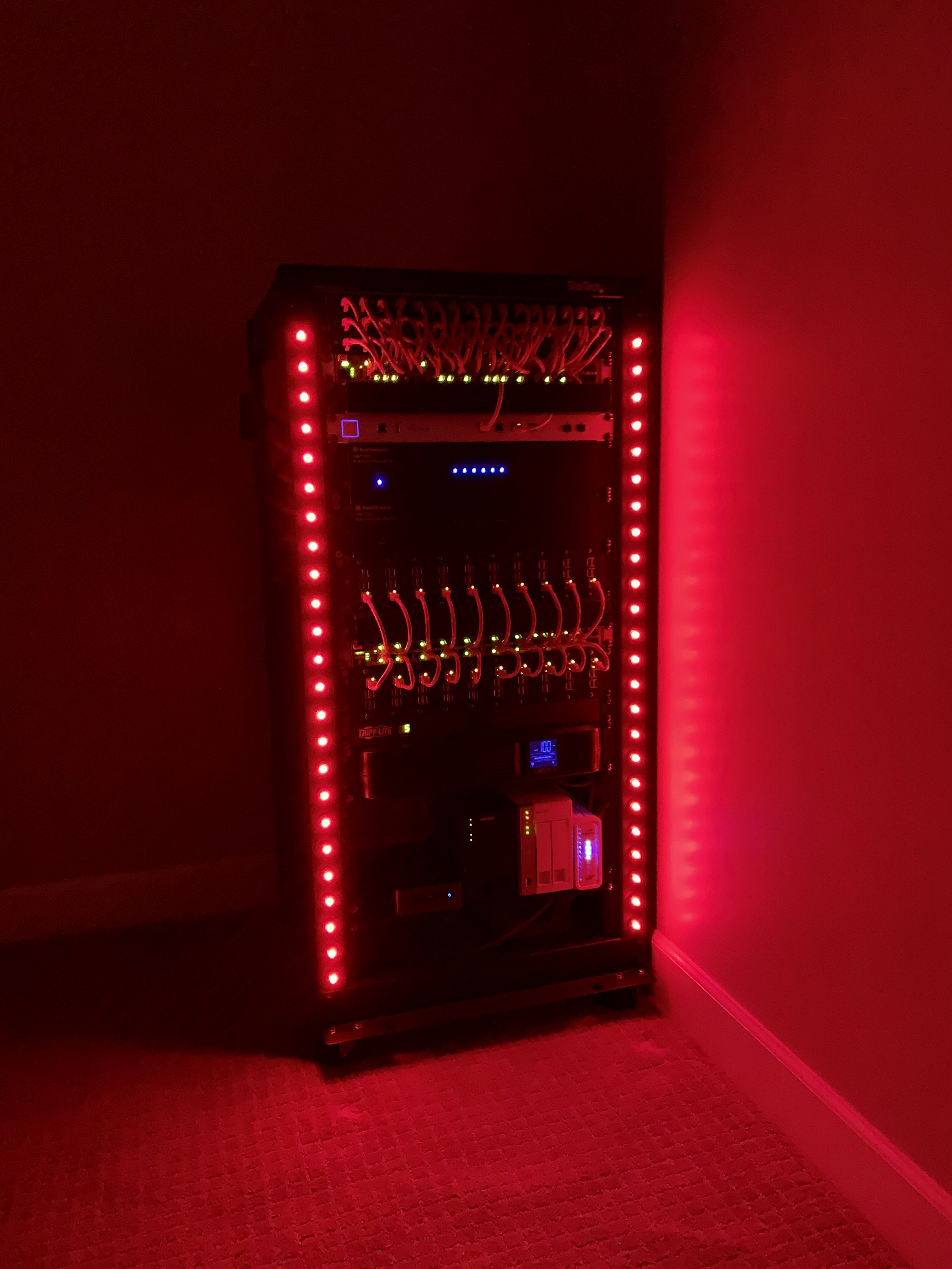 Server rack with red LEDs