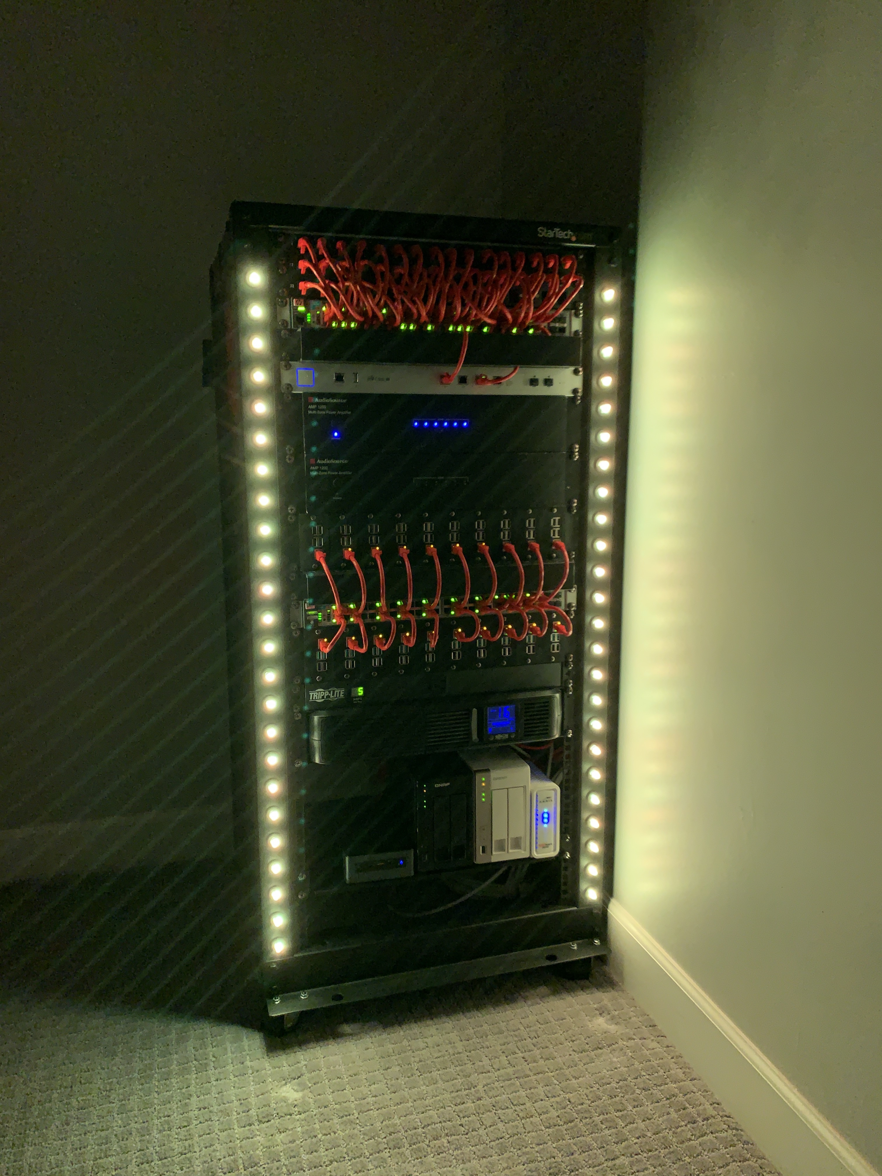 Server rack with white LEDs